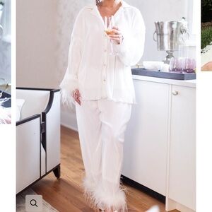 Chic White Feather-Trim Pajama Set